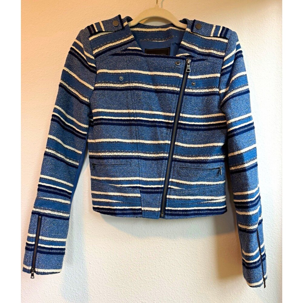 BCBGMAXAZRIA Women’s S Blue/White Striped Moto Biker Jacket Zip Lined Epaulettes